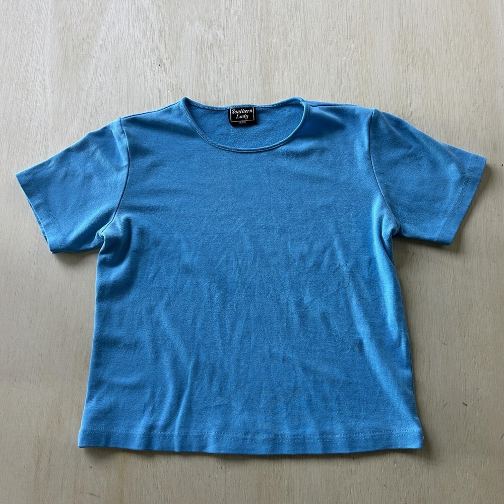 Vintage Southern Lady Shirt Womens Med Petite Blue Short Sleeve Crew Jersey Top